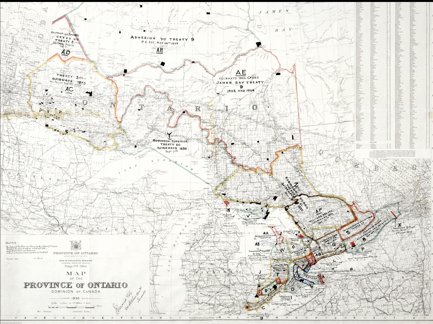 Map showing Indian treaties in Ontario, Dominion of Canada.